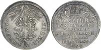 Žeton na korunovaci římským králem 26.1.1690 v Augsburku. Koruna držená 2 anděly