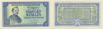 20 Kčs b.l. (1945) sér. KT      neperf.      Hejz. 72; Baj. 72