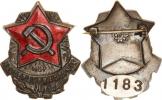 Odznak "Nejlepší pracovník M. S. P" číslo 1183 Ag 26x32 mm s rudou hvězdou se srpem a kladivem "R" zapín. spona