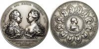 Rodinná medaile Marie Terezie a Františka Lotrinského na potomstvo z r. 1759. Portréty Marie Terezie a Františka Lotr. proti sobě
