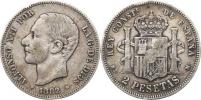 2 Pesetas 1882 MS-M        Ag 835  10 g     Cr.76;  KM 678