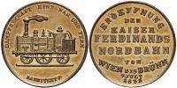 Brno. Otevření dráhy císaře Ferdinanda Vídeň - Brno 1839. Nápisy s datem / stará lokomotiva