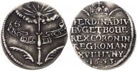 Malý žeton ke korunovaci na římského krále 18.6.1653 v Řezně. Nápis pod římskou korunou / boží oko